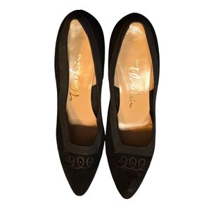 Vintage Florsheim Womens Black Suede Fabric Trim Heels Size 9